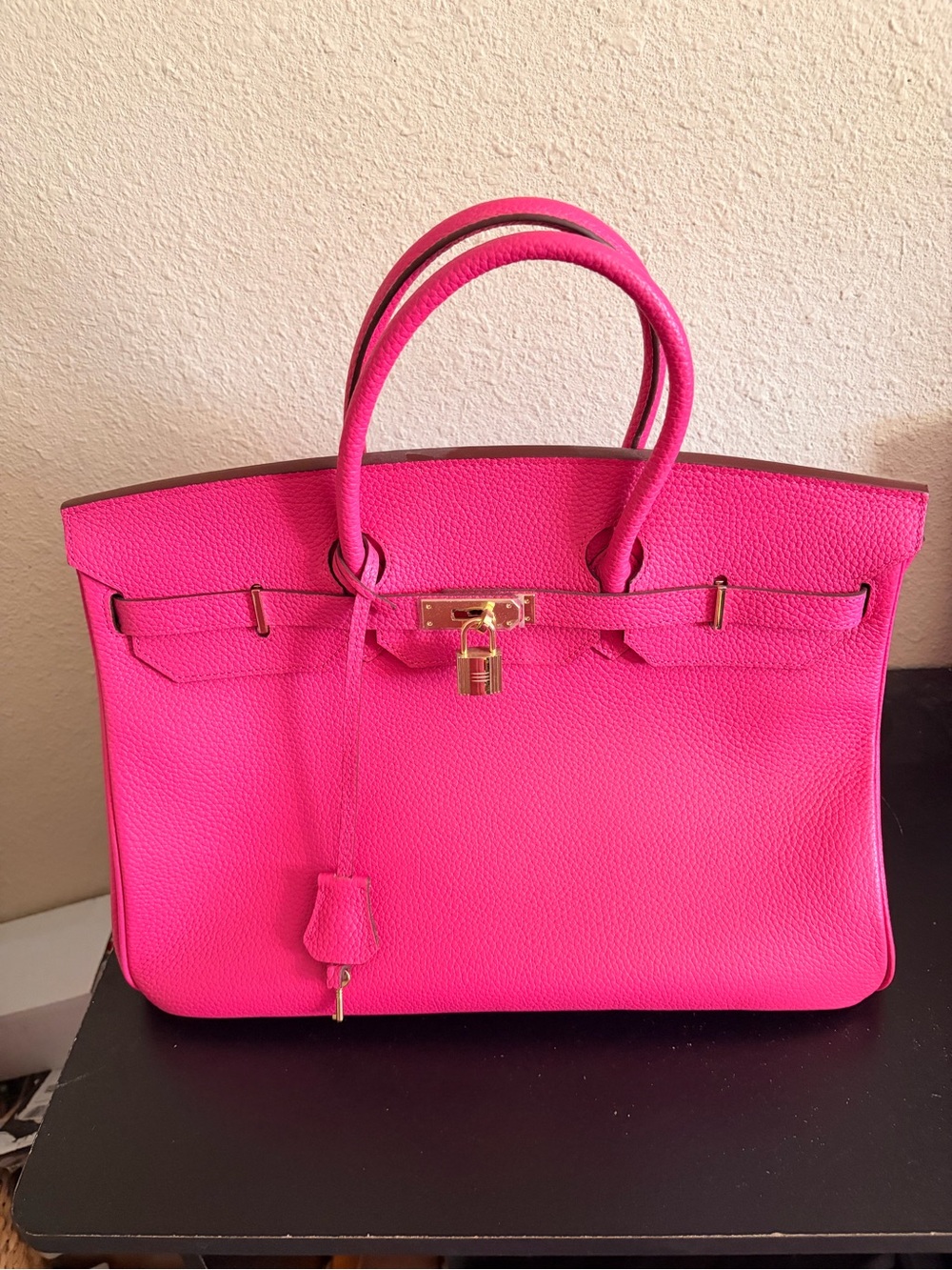 Hot Pink Structured Leather Tote Bag with Gold Hardware